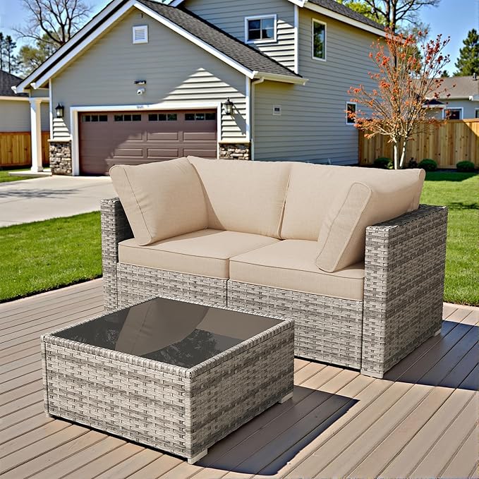 HOOOWOOO Patio Sectional Furniture Set,3 Piece Couch Set with 2 Matching Corner Chairs and 1 Table(Beige)