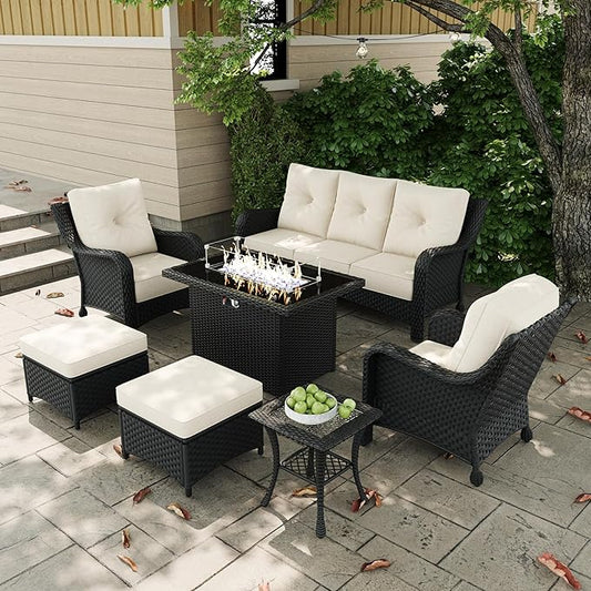 7 Pieces Outdoor Patio Furniture Sets with Single Chairs with 6-inch Thick Cushion and Fire Pit Table for Deck Lawn