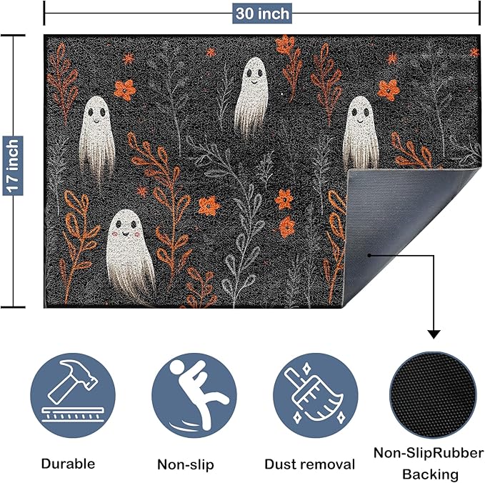 Halloween Ghost Door Mat, Dark Academia Floral Ghost Doormat Non-Slip for Front Door Porch Indoor Outside Entrance Entryway, Spooky Halloween Botanical Welcome Mat, 17x30 Inch