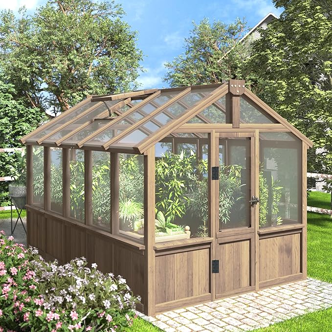 VEIKOU 6' x10' Wood Greenhouse for Outdoors with Lockable Door, Cedar Frame & Adjustable Vent, Wooden Green House with 6MM Thick Polycarbonate Panel for Garden, Yard, Light Brown Mocha