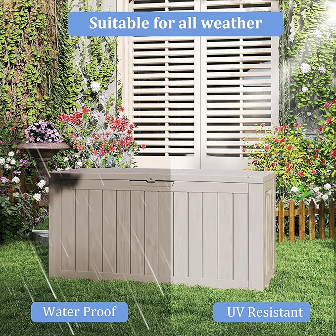 90 Gallon Lockable Resin Deck Box with Wheels, Waterproof & UV-Resistant Outdoor Storage Box for Outdoor Cushion Storage, Garden Tools & Pool Accessories Storage, Gray