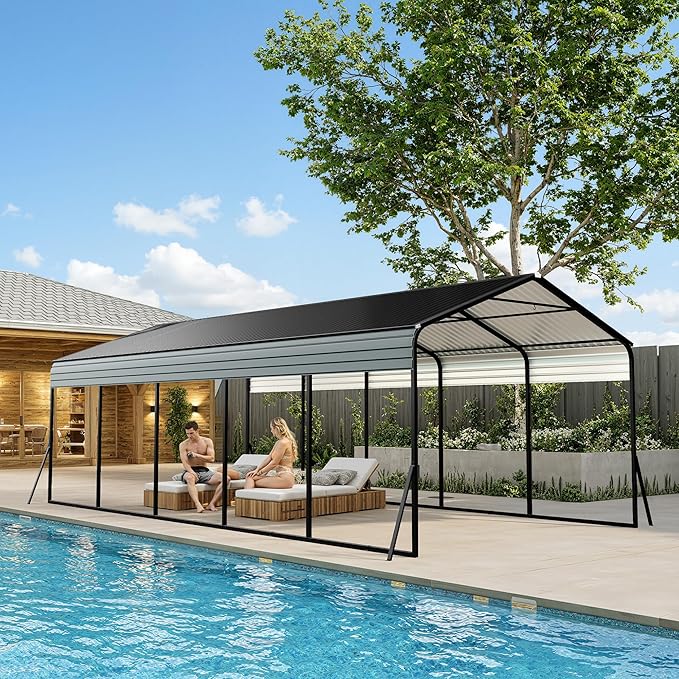 12x25 FT Heavy Duty Metal Carport with Galvanized Steel Frame & Roof, All-Weather Portable Car Garage Shelter, Metal Carports Garage for Cars, Trucks, Boats, Wind & Snow Resistant, Reinforced Base