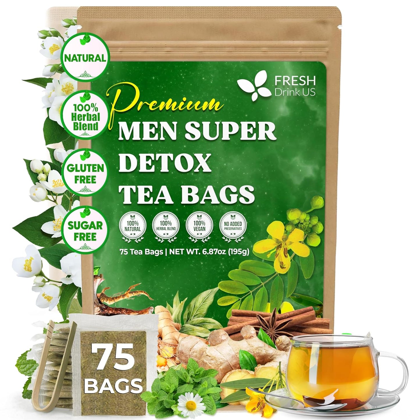 FreshDrinkUS, Premium 75 Tea Bags Men Super Detox Tea – Herbal Blend with Senna, Dandelion Root, Ginger, Peppermint & More – 100% Natural, Sugar-Free. Caffeine-Free. Gluten-Free. Vegan