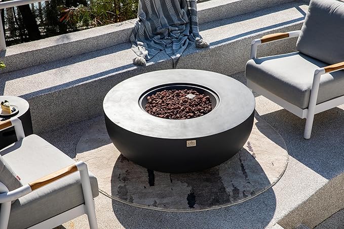 AMS Creations | Eclipse 44" Round Cast Concrete Natural Gas Fire Pit Bowl Table | Dark Gray | Smooth Texture Surface | Electronic Ignition | Outdoor Patio Heater Outside Backyard Fireplace