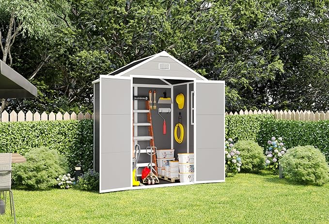 6x5 FT Resin Storage Shed,Garden House with Floor & Lockable Door,Waterproof Plastic Tool Sheds W/Slanting Roof Visual Window & Air Vents for Bicycles,Lawnmowers,Lawn,All Weather Use,Gray