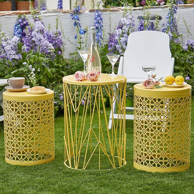 Y&M Set of 3 Stacking Coffee Table for Living Room, Nesting Side Table,Indoor End Tables for Bedroom, Outdoor Decorative Garden Stool with Heavy Duty Metal Frame Modern Industrial Decor - Yellow