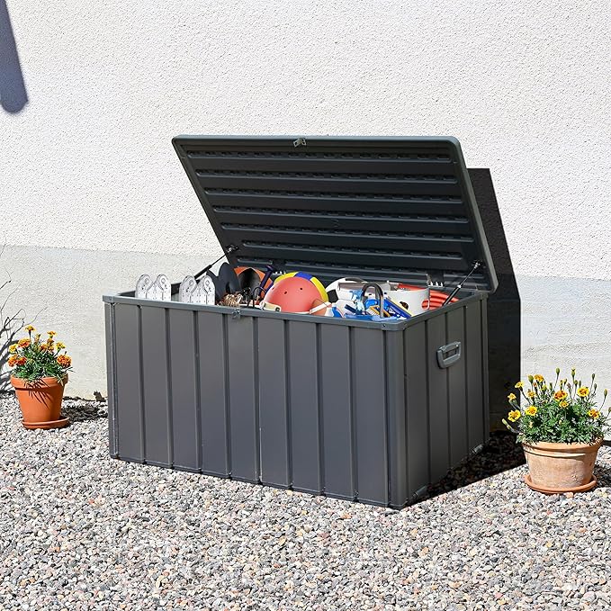 120 Gallon Outdoor Storage Deck Box Waterproof, Large Patio Storage Bin for Outside Cushions, Throw Pillows, Garden Tools, Lockable (Dark Gray Resin Lid)