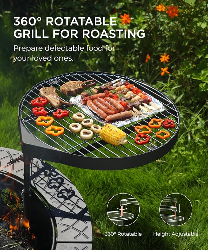 35 Inch Fire Pit with BBQ Grill, Wood Burning Fire Pits for Outside with Lid & Fire Poker, 3 in 1 Round Metal Fire Pit Table with Cooking Grate, Outdoor Firepit for Backyard, Patio, Bonfire, Picnic