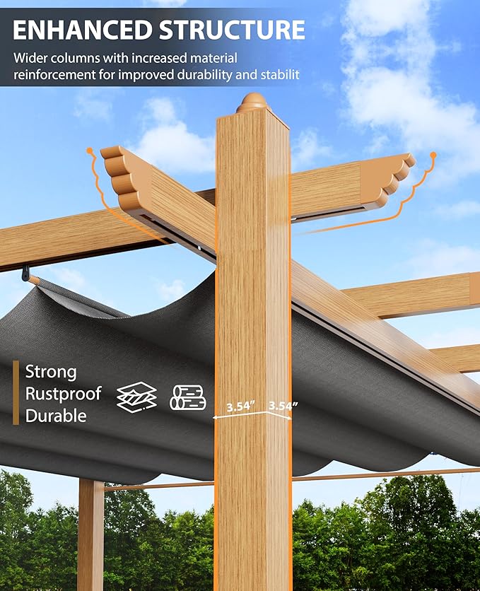 10x10 Ft Outdoor Retractable Pergola with Adjustable Roof Modern Metal Patio Gazebo, Upgraded Faux Wood Grain Aluminum Pergola for Deck, Backyard Gardens, Porches, Grapevines, Grey