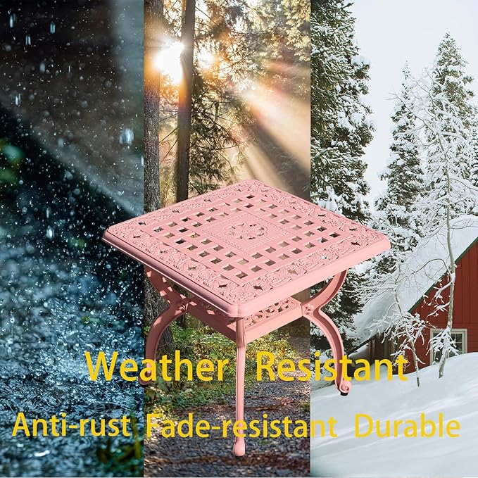 Cast Aluminum Outdoor Side Table,Small Patio Table,Outdoor Coffee Tables for Patio,Garden,Balcony, for All Weather (Pink, Square)