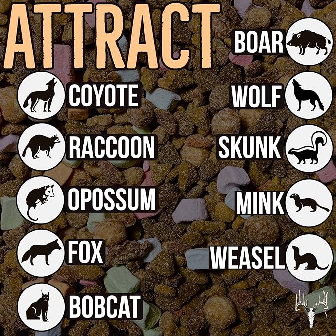 Chum Predator Blend, Lure Coyote, Raccoon, Opossum, Fox, Skunk, Mink, Weasel, Bobcat, Weasel, Black Bear, Feral Cat, Wild Dog, Hog & Bait Wild Game Animals