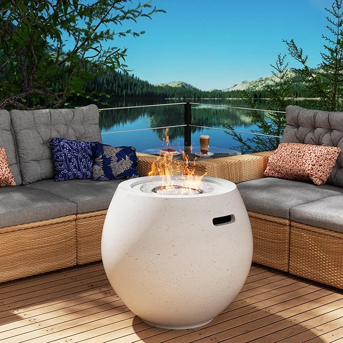 Outdoor Round Propane Fire Pit Table – Premium Terrazzo-Like MgO Finish, Sturdy & Waterproof Gas Fire Table with Glass Wind Guard for Patio, Garden & Backyard, Includes Rain Cover & Glass Beads