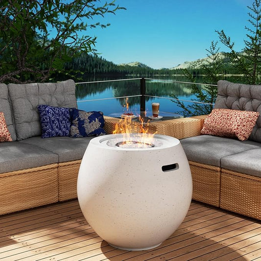 Outdoor Round Propane Fire Pit Table – Premium Terrazzo-Like MgO Finish, Sturdy & Waterproof Gas Fire Table with Glass Wind Guard for Patio, Garden & Backyard, Includes Rain Cover & Glass Beads