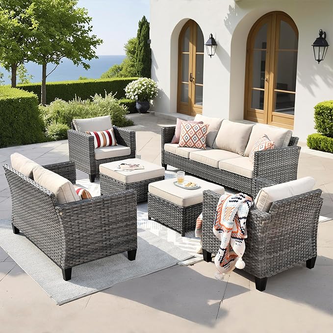 ovios Patio Furniture Set, 6 Pieces Outdoor Wicker Sofa Couch with Loveseat, Ottomans and Comfy Cushions, All Weather High Back Rattan Conversation Set, Beige