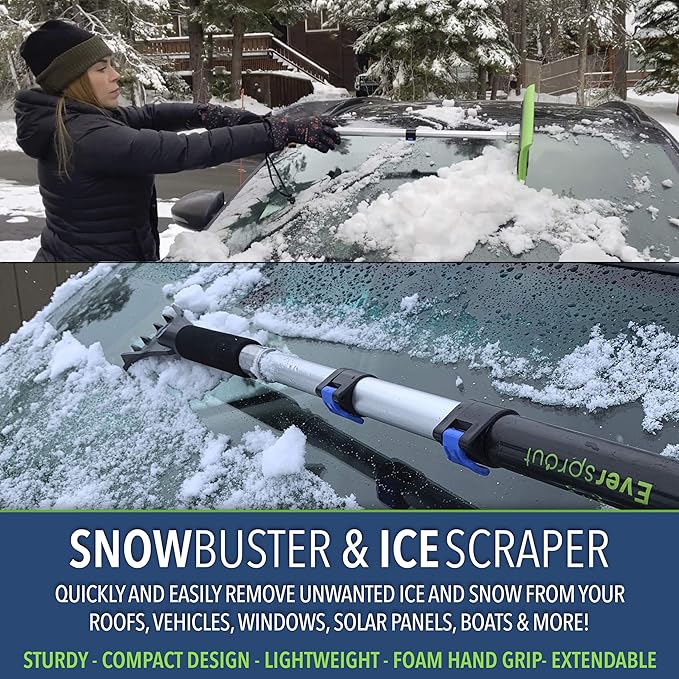EVERSPROUT Never-Scratch SnowBuster 1.5-to-3 Foot | Premium Snow Removal and Car Cleaner Kit | Extendable Ice Scraper, Snow Broom and 3-Stage Pole | Perfect for SUV/Truck/Car Windshield, Windows, Roof