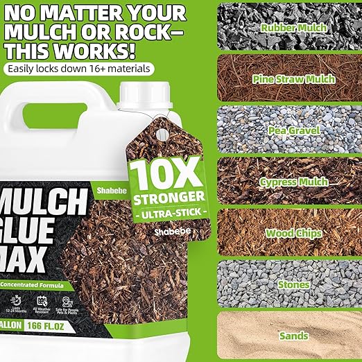 Mulch Glue 1.3 Gallon, Ultra-Stick Rock Glue for Landscaping, Gravel Binder Non-Toxic Rubber Mulch Lock Adhesive, Heavy Rain & Windproof for Gardens, Pea Gravel Stabilizer, Lasts up to 2 Year