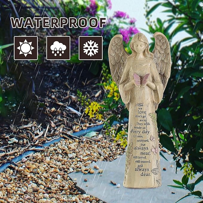 Garden Resin Angel Statue Standing with Butterfly, Patio and Lawn Decoration Outdoor Waterproof Sculpture Ornament for Angel Memorial Gifts Home Decoration, 10" H