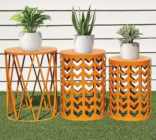 HFHOME Set of 3 Metal Side End Tables Nightstand, Nesting Round Coffee Table for Indoor Outdoor, Heavy Duty Metal Plant Stand Living Room Garden Stool - Orange