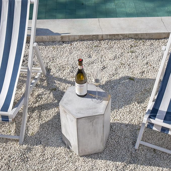 COSIEST Concrete Accent Table, Hexagon Patio Side Table 14.5''Wx16''H, Modular Design Indoor Outdoor End Table, Distressed Grey White Patina