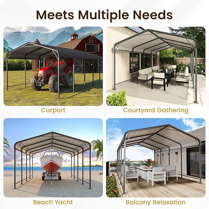 12x20 FT Car Port, Heavy Duty Canopy with Updated Roof & Enhanced Base, Multi-Use Metal Carport Garage for Car, Truck, Boat, Tractors, Party, Grey