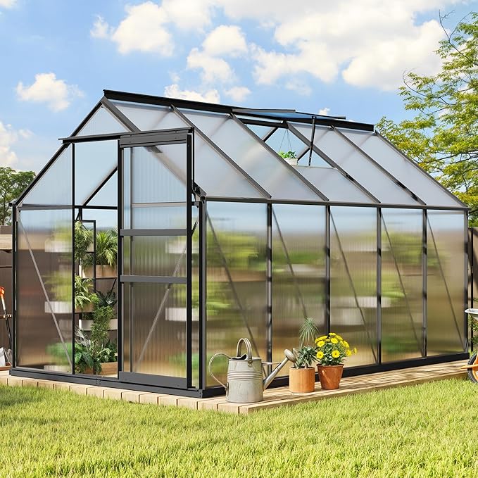 YITAHOME 10x6FT Polycarbonate Greenhouse Heavy Duty Green Houses Outdoor Aluminum Greenhouses w/ Sliding Doors Vent Window Walk-in Greenhouse for Garden Backyard, Matte Black