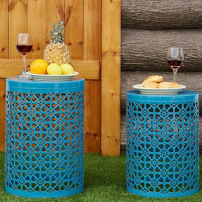 Y&M Set of 3 Heavy-Duty Round End Table, Side Table, Coffee Table for Indoor Multifunctional Use, Outdoor Decorative Garden Stool Plant Stand-Blue