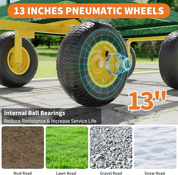 3-in-1 Heavy-Duty Steel Garden Cart, 1200 Lbs Garden Wagon, with 13 Inch All-Terrain Tires and Removable Mesh Side Panels, 180° Rotating Handle, Metal Utility Yard Trailer, Outdoor Gardens Wagon Cart