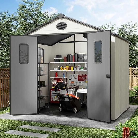 8' x 6' Outdoor Resin Storage Shed with Floor,Galvanized Metal Waterproof Garden Shed with Lockable Door, Windows, Vents, Plastic Tool, Bike Storage for Patio Furniture, Lawn Mower
