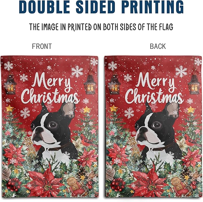 Christmas Boston Terrier Garden Flag Merry Christmas Dog Yard Flag for Outside Xmas Flags 12x18 Double Sided Red Poinsettia Garden Flags Winter Porch Decorations Outdoor