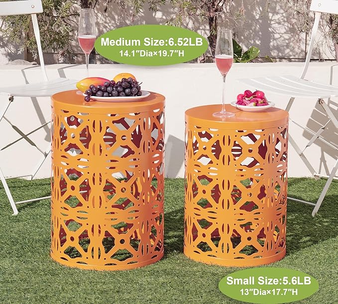 HFHOME Set of 3 Metal Outdoor Side Table, Nesting Round Coffee Table for Indoor Outdoor, Heavy Duty End Tables Plant Stand Living Room Garden Stool - Orange