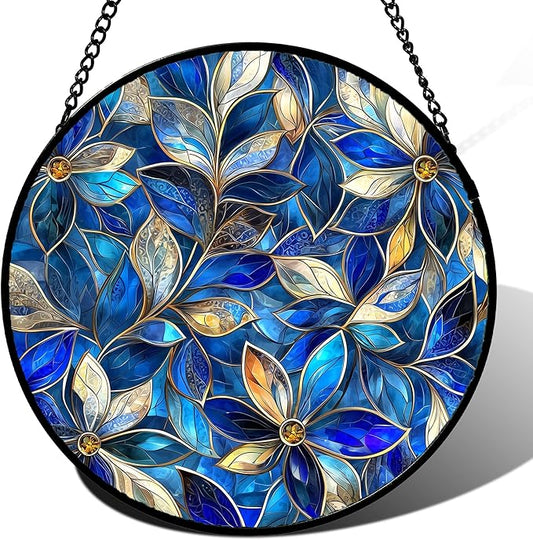 Stained Glass Window Hanging - Blue Gold Abstract Flowers Suncatcher for Door Terrace Garden Home Decor, Plant Sun Catcher Birthday Gifts for Lovers Women Men Dad Mom Nana 6.3 in