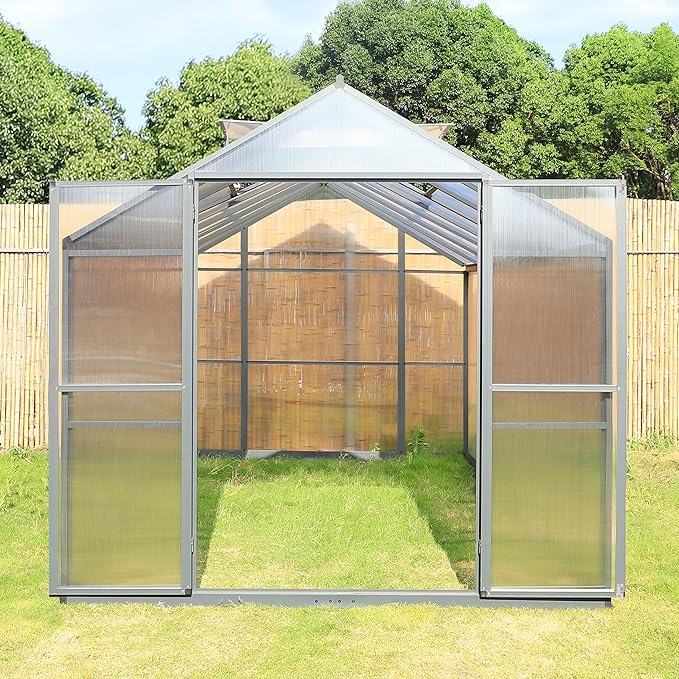 VEIKOU 8 x 14 FT Greenhouse with Aluminum Frame, Greenhouses for Outdoors with 2 Vents, Lockable Doors, Polycarbonate Panels, Walk-in Green House for Winter, Garden, Yard, Hobby, Grey