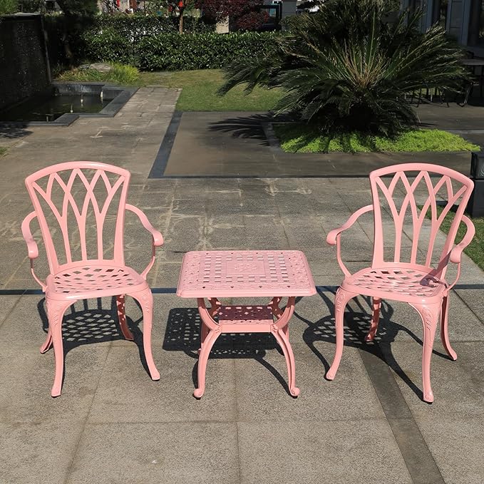 Cast Aluminum Outdoor Side Table,Small Patio Table,Outdoor Coffee Tables for Patio,Garden,Balcony, for All Weather (Pink, Square)