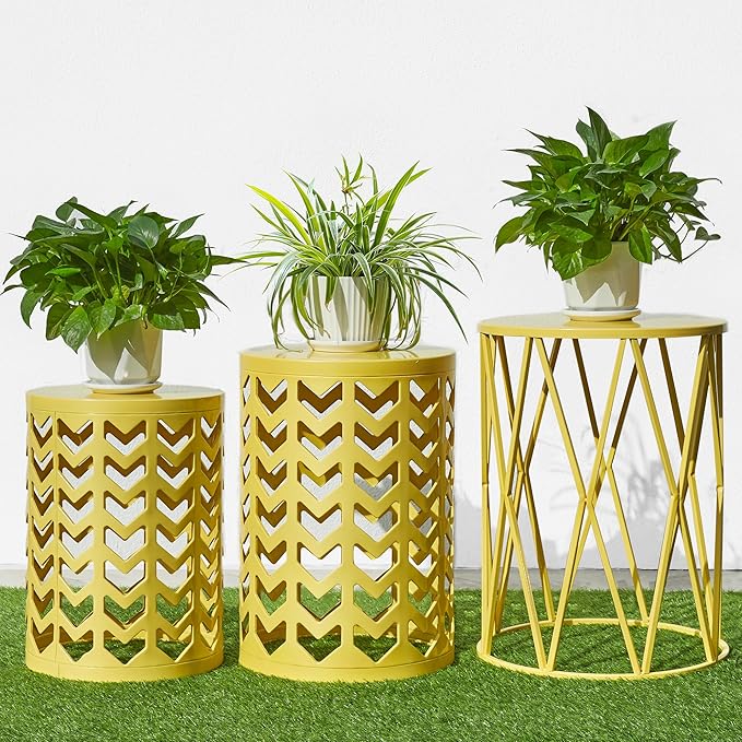Y&M Set of 3 Nesting Metal Round Coffee Table, Side Table End Table for Indoor Outdoor Multifunctional Use,Heavy Duty Metal Plant Stand Decorative Garden Stool- Yellow(Ship from US)