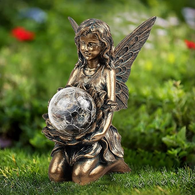 Garden Statues Outdoor Flower Fairy Decor,Solar Powered Outdoor Resin Statues-Patio Lawn Yard Porch, Funny Fairies Ornaments Figurines for Outside Garden Gifts,8.31 Inches Tall