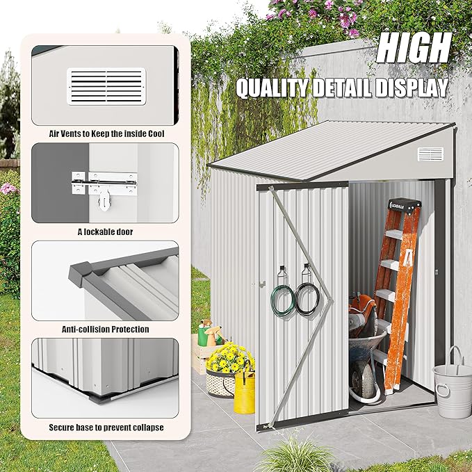 4×8 FT Outdoor Metal Storage Shed,Heavy-Duty Lean to Storage Shed with Lockable Single Side Hinge Door,Waterproof Metal Storage Tool House W/Sloping Roof,Air Vent&Protect Film,for Backyard,White
