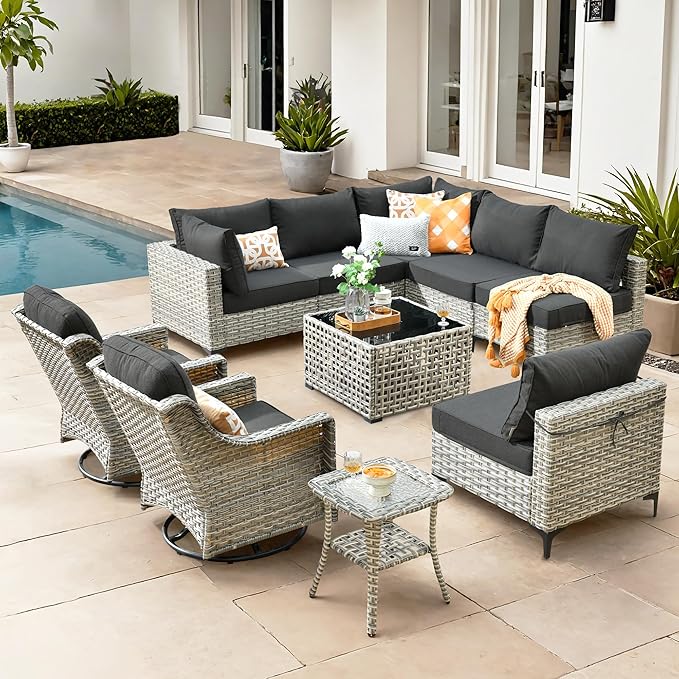 HOOOWOOO Outdoor Patio Furniture Set,10 Pieces Wicker Out Door Sectional Furniture L Shaped Couch,Patio Conversation Sets with Swivel Rocking Chair LED Table,Black