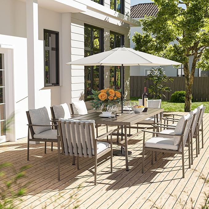 HAPPATIO 9-Piece Patio Table and Chairs Set for 8, Aluminum Outdoor Dining Set with Cushions, 8 Dining Chairs, 1 Large Rectangular Table with Umbrella Hole for Lawn, Porch, Backyard, Grey