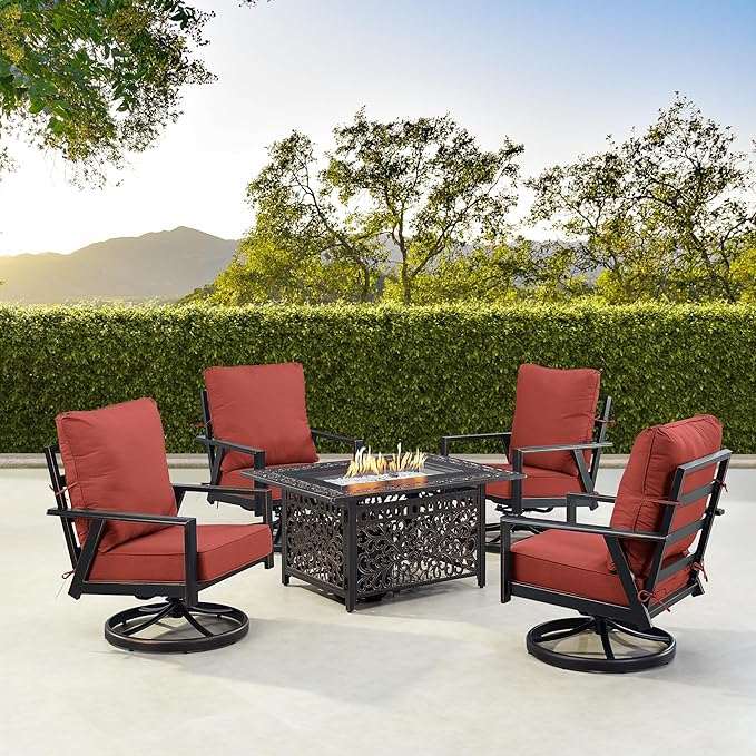 Oakland Living Black Aluminum Patio Fire Table Set with Four Club Chairs with Red Cushions