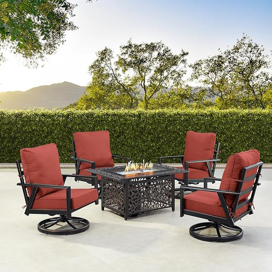 Oakland Living Black Aluminum Patio Fire Table Set with Four Club Chairs with Red Cushions