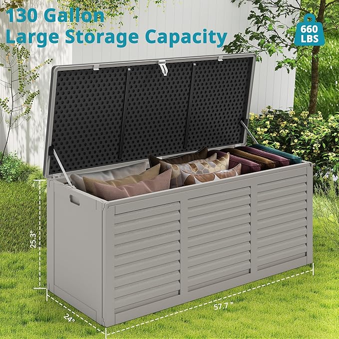 Resin Deck Box, 130 Gallon Outdoor Storage Box with Lockable Lid, Waterproof Patio Storage for Garden Tools & Outdoor Accessories (Dark Black) (Light Gray)