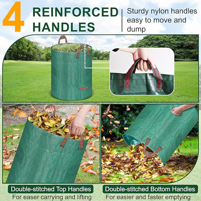 Remiawy Reusable Yard Waste Bags, 4 Packs 32 Gallons Lawn and Leaf Garden Bags Heavy Duty with 4 Handles, Collapsible Yard Waste Containers Camping Yard Recycling Bin for Debris Leaves Grass Clippings