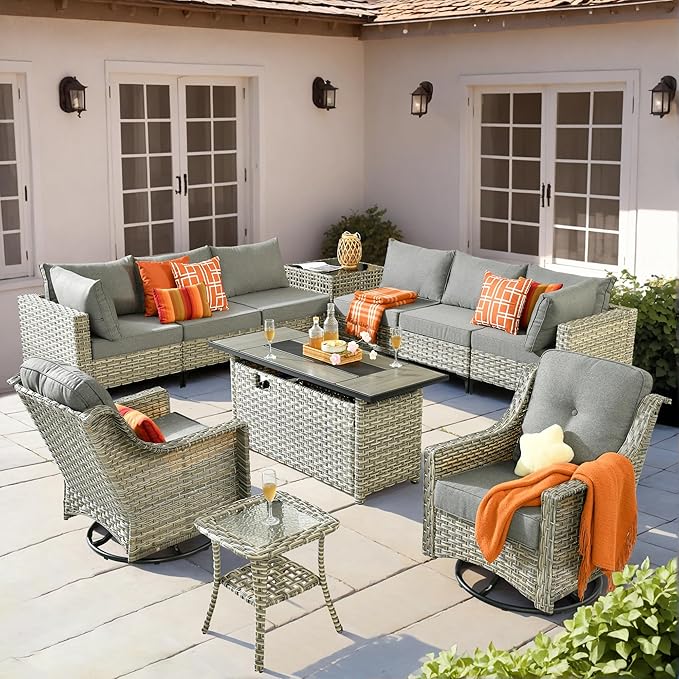 HOOOWOOO Outdoor Patio Furniture Set with Fire Pit Table,11 Pieces Wicker Out Door Sectional Furniture L Shaped Couch,Outside Patio Conversation Swivel Chair Sets,Charcoal Gray