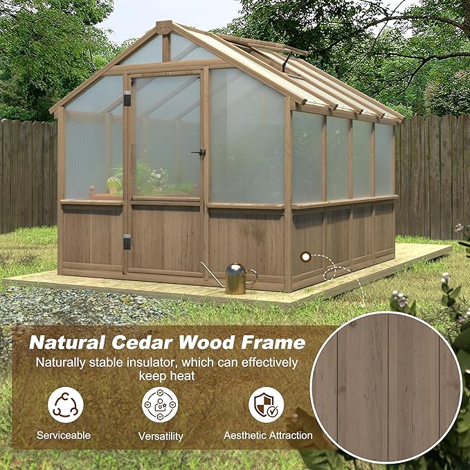 MUPATER 8' x 8' Wooden Polycarbonate Greenhouse with Ventilated Window & Lockable Door, 6mm Polycarbonate Panels for UV Protection, Walk-in Greenhouse for Outdoors, Patio, Backyard, Brown