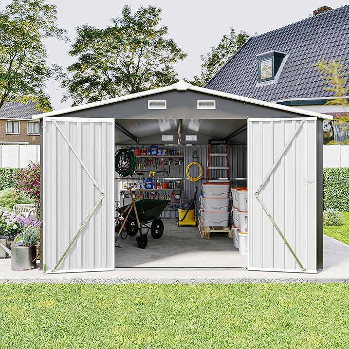 10x14 FT Outdoor Storage Shed, Large Metal Garden Shed with Side Door, Outside Tool Sheds with 3 Lockable Hinged Doors, Waterproof Storage Building with 4 Air Vents for Backyard, Patio, Dark Gray