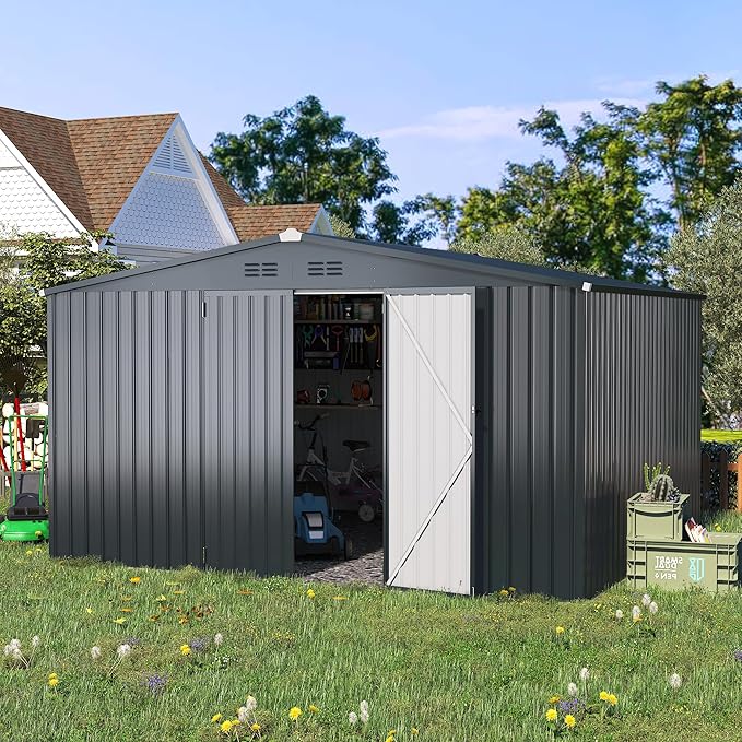 AECOJOY 12' x 10' Outdoor Storage Shed, Dark Grey Large 10x12 Sheds & Outdoor Storage Clearance with Lockable Doors, Utility and Tool Storage Garden Shed Backyard, Patio and Outside use