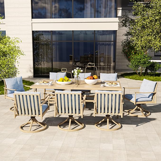 HAPPATIO 9-Piece Patio Dining Set for 8, Aluminum Outdoor Dining Set with Cushions, 8 Swivel Dining Chairs, 1 Large Rectangular Table with Umbrella Hole for Lawn, Porch, Backyard, Brown