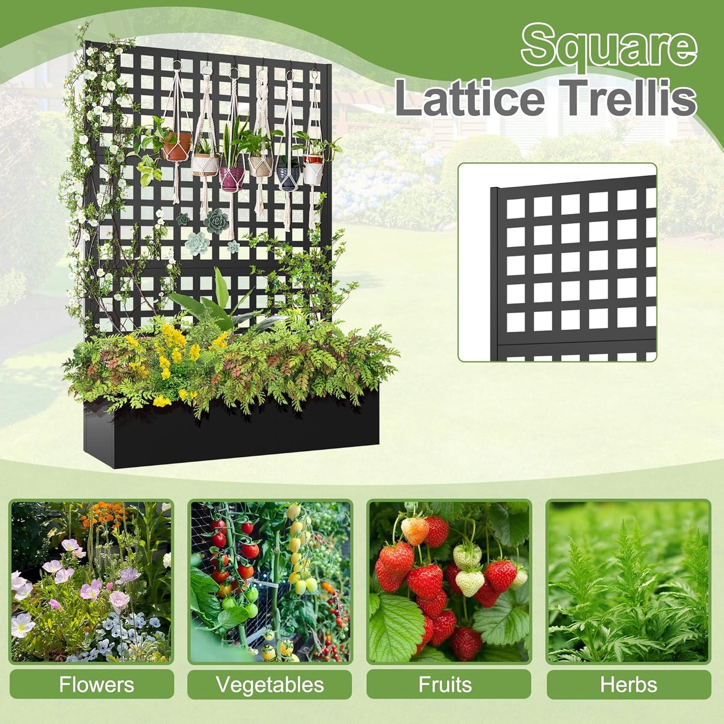 Metal Raised Garden Bed, Trellis Planters Bed with Drainage Holes for Climbing Plants, Vegetables Outdoor Privacy Screen with Planter Box 73"x47"x16", Black