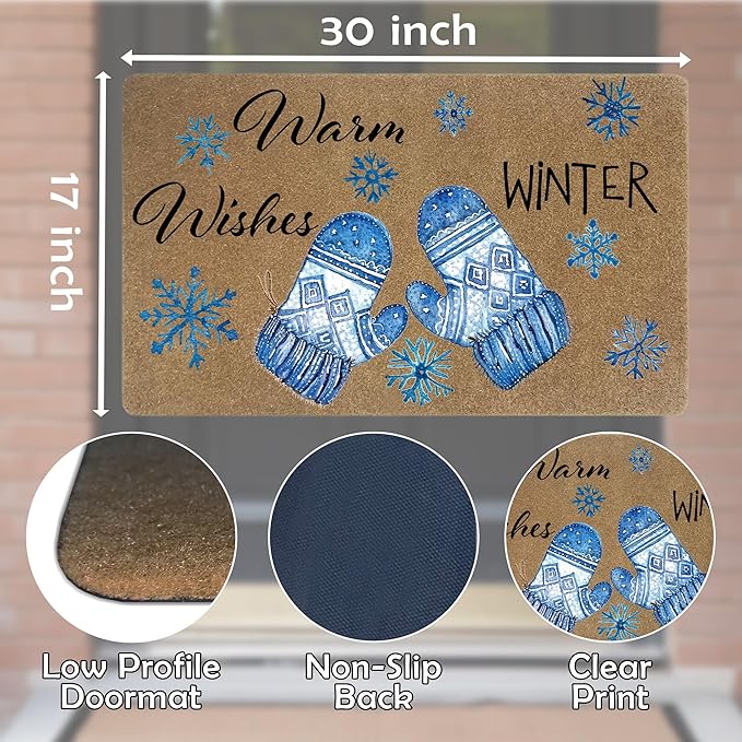 Winter Christmas Faux Coir Door Mats Outdoor, Winter Gloves Snowflake Door Mat for Home Outside Entryway, Warm Wishes Christmas Welcome Doormat for Indoor Outdoor Porch Entrance, 17x30 Inch
