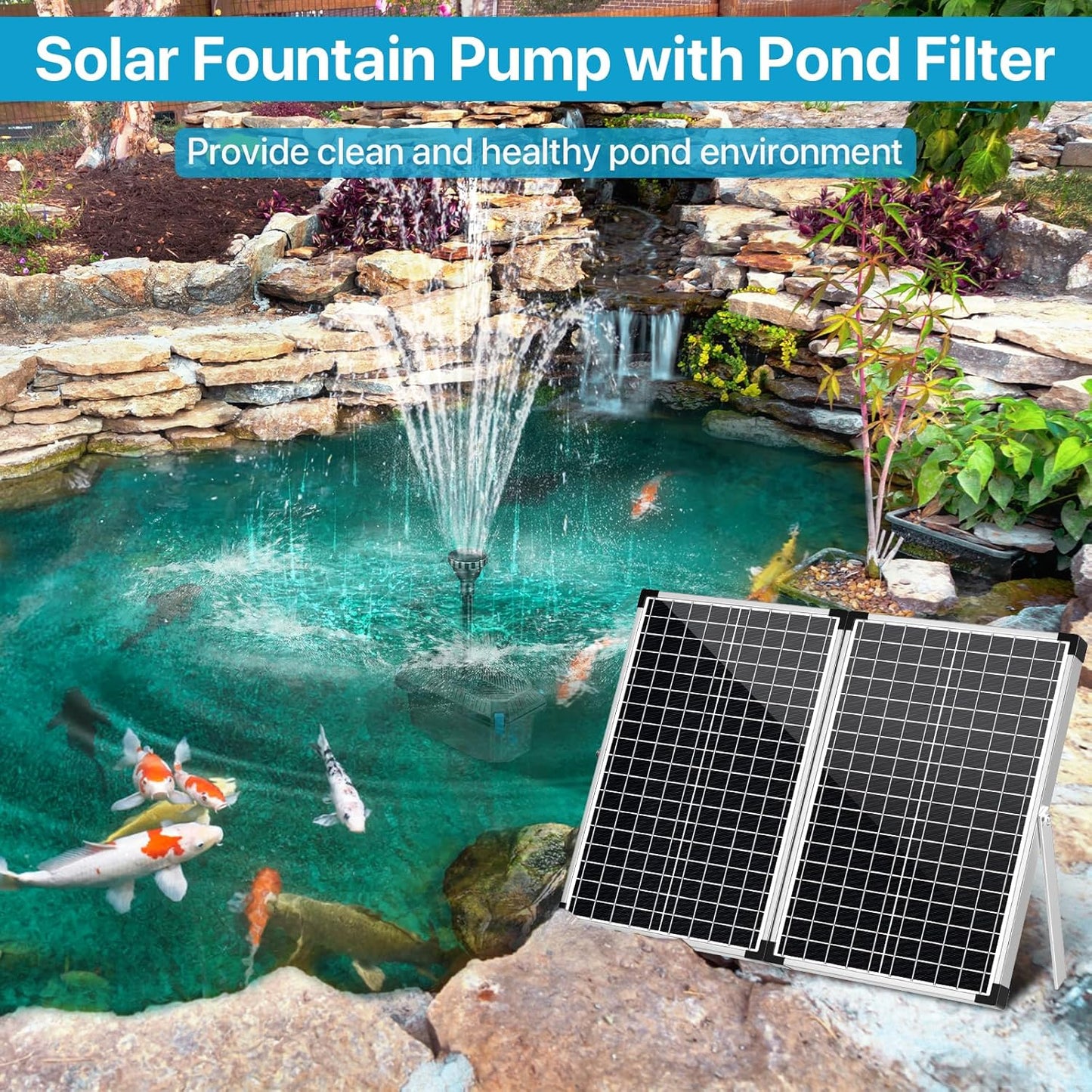 POPOSOAP 70W Solar Pond Filter with Fountain Pump, Solar Pond Pump 580GPH Adjustable Flow, Pond Filters for Outdoor Ponds Pool Waterfall Koi Pond Water Features